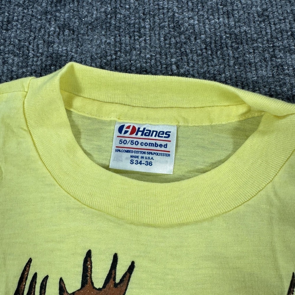 Vintage Maine Moose Shirt Mens Small Yellow Hanes 50/50 Graphic Made USA 80s - Picture 4 of 8